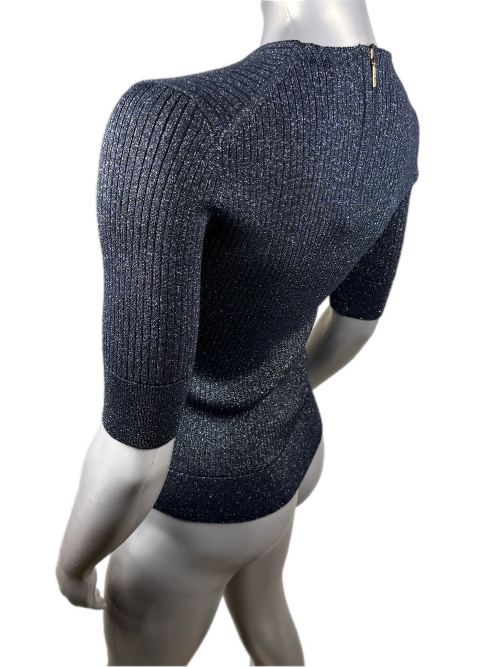Tory Burch | Navy Blue Ribbed Short-Sleeve Metallic Knit Top - Silver Sparkle - Picture 5 of 14